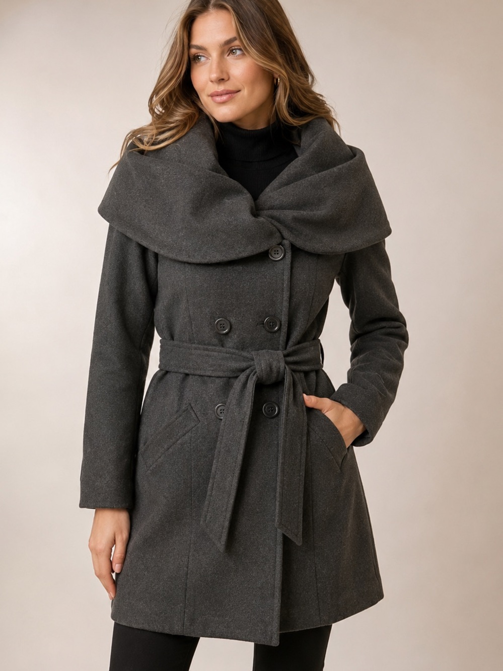 Love Stitch Charcoal Wool Blend Belted Coat Medium Oversized Collar